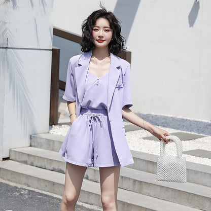 Drape Suit Professional Suit Female Temperament Slim Shorts Three-piece Short-sleeved Suit Jacket + Lining + Wide-leg Shorts Ladies Casual Suit Suit