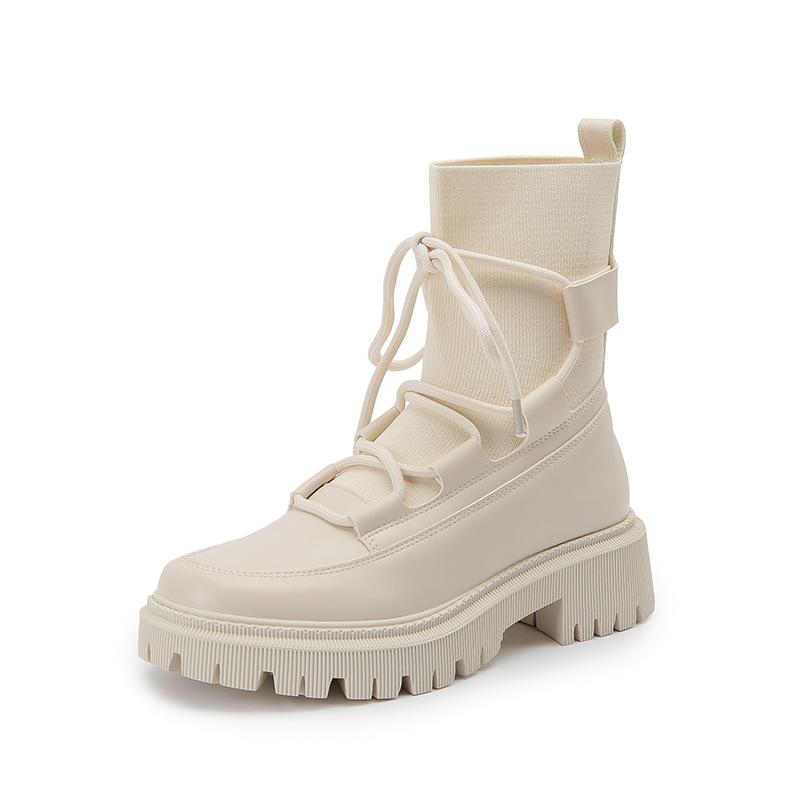 Autumn Winter Women's Boots Black White Ankle Boots Knit PU Leather Short Booties Woman Fall Shoes Punk Goth Shoes