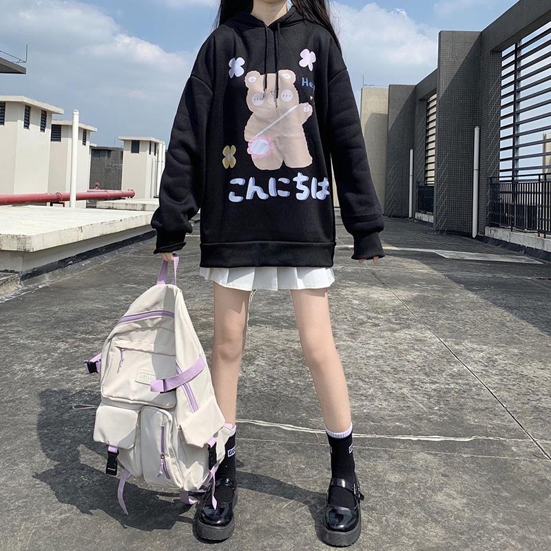 Anime Sweatshirt Japan Cartoon Hooded Tops Oversized Streetwear Harajuku White Long Pullovers Hoodies Plus Size Loose Thick Fleece Fall Winter Hoodies