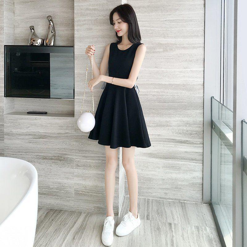 Female Little Fresh Simple Elegant Black Dress High Waist Sleeveless Short Base Strap Elegant Dress