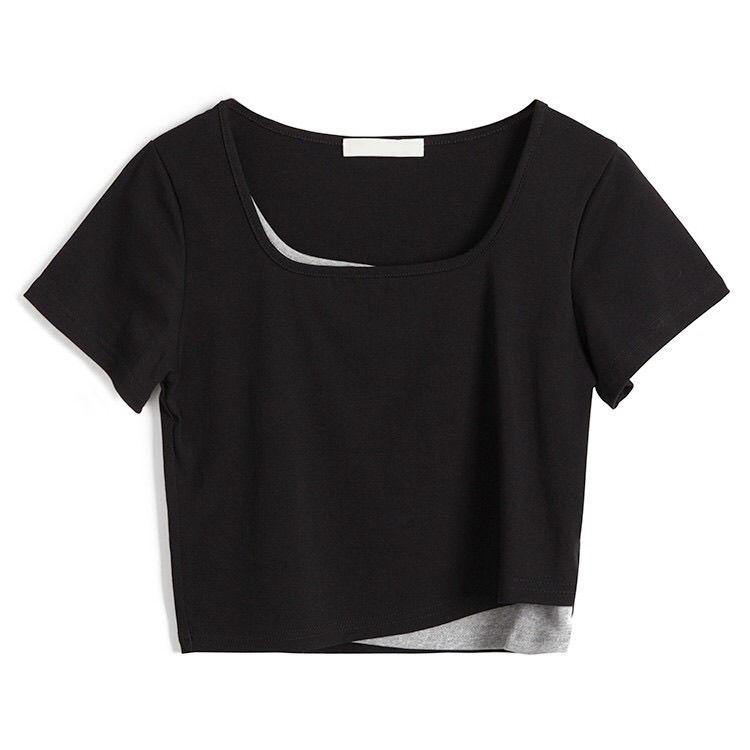 Spring Summer Women's Solid Color Short-sleeved Tops Fake Two-piece Stitching Short T-Shirts Are Thin Exposed