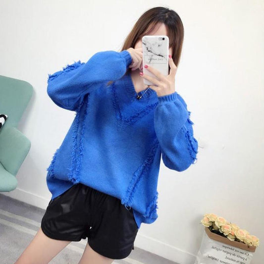V-neck Bottoming Tattered Sweater Women Fall/winter Loose Knit Sweater Casual Fashion Top