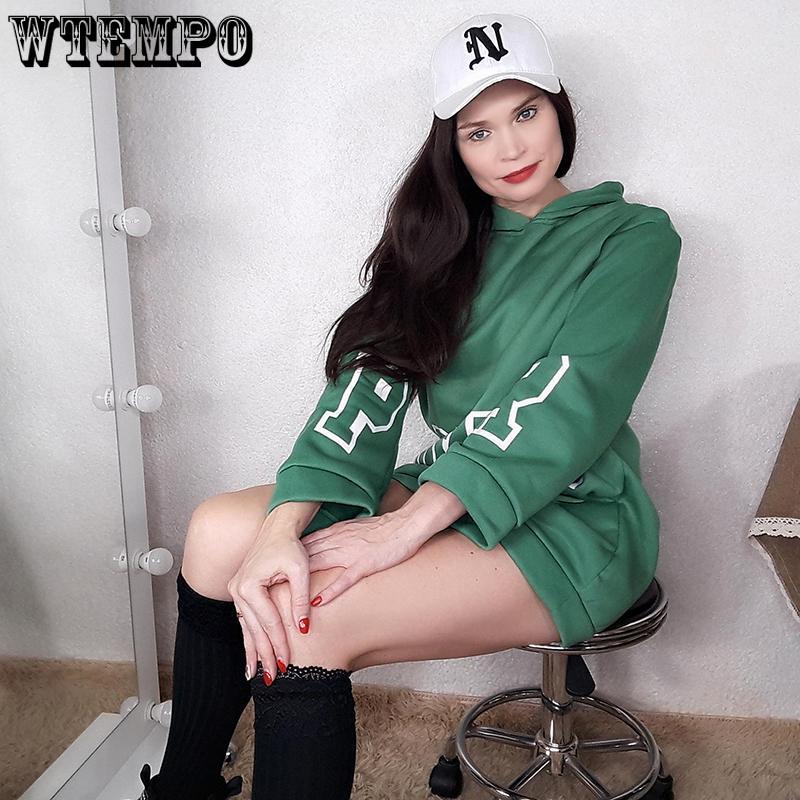 Women Hooded Dress Letter Print Loose Casual Long Sleeve Plus Size Top Winter Warm Mini Dresses