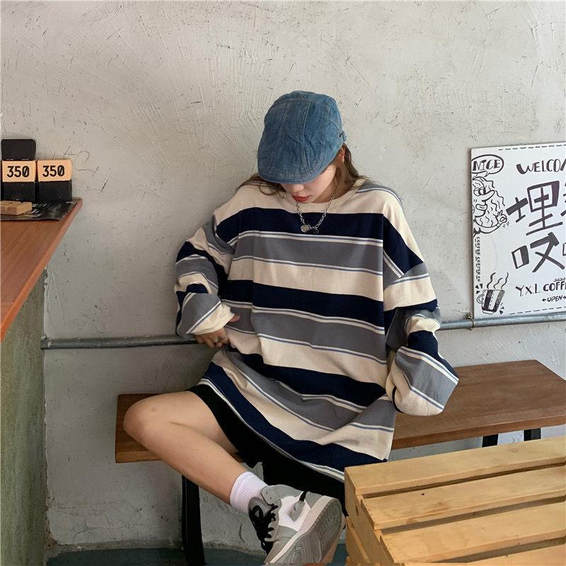 Striped T-Shirt Casual Autumn Ladies Loose Tee Female Women Long Sleeve Pullover