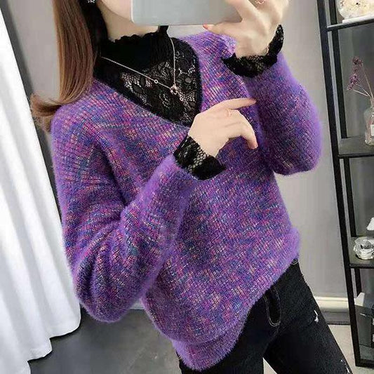 Imitation Mink Velvet Sweater Women Fake Two-piece Lace Stitching Turtleneck Pullover Sweater Colorful Bottoming Outer Wear Knitted Sweater Coat