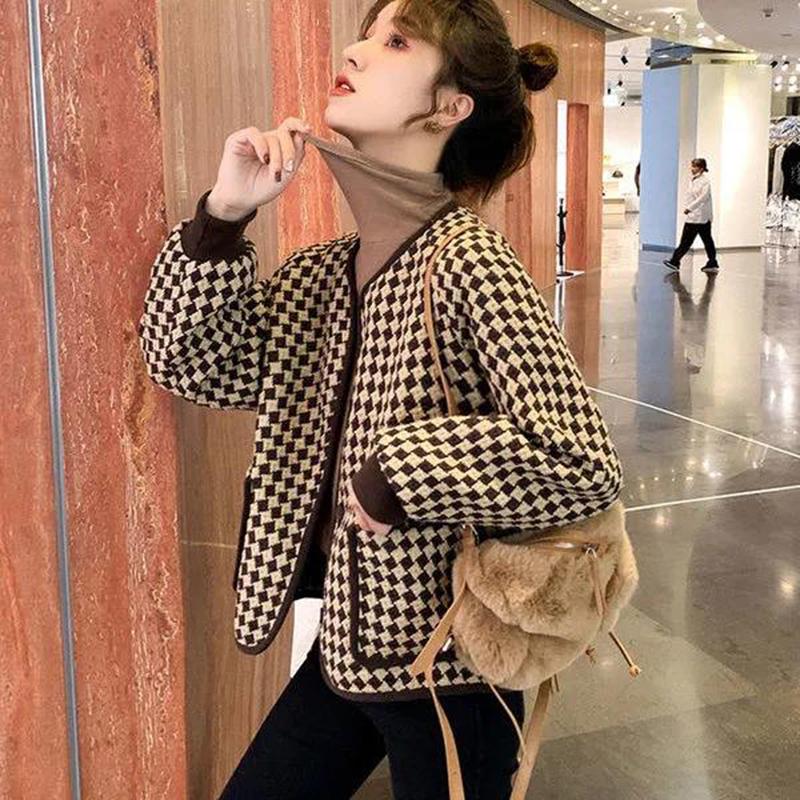 Temperament Small Fragrance Round Neck Houndstooth Short Coat Women's Spring and Autumn All-match Long-sleeved Round Neck Top