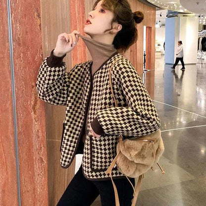 Temperament Small Fragrance Round Neck Houndstooth Short Coat Women's Spring and Autumn All-match Long-sleeved Round Neck Top