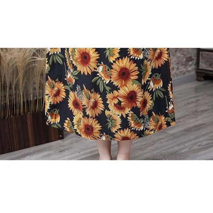 Women Summer Large Size Printed Lantern Skirt In Spring and Summer Loose High Waist A-line Vintage Elastic Casual Long Skirt