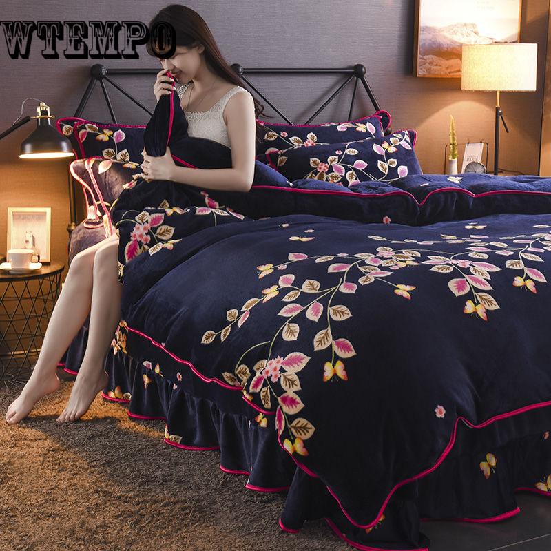 4pcS Soft Floral Print Quilt Duvet Cover  Bed Skirt Wedding Bedspread Full Twin Queen King Size Bed Sheet Mattress Cover Bedsheets