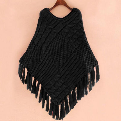 Sweater Women Spring and Autumn Hollow Knit Top Women Round Neck Cloak Shawl Loose Sweater Large Size Tassel Sweater Coat Comfortable Wrap