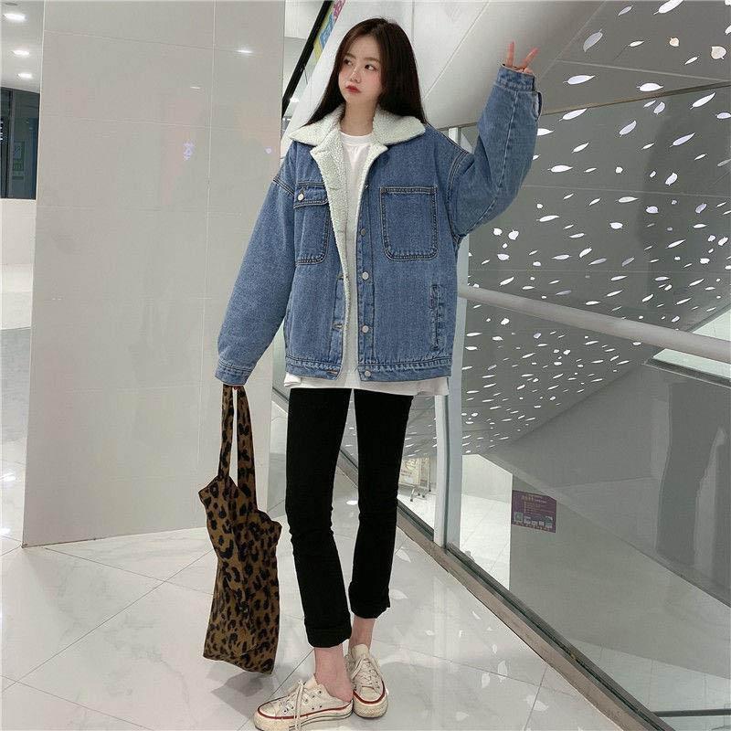 Women's Thick Denim Jacket Autumn and Winter Korean Style Wild Mid-length Lamb Hair Plus Velvet Cotton Clothes Women