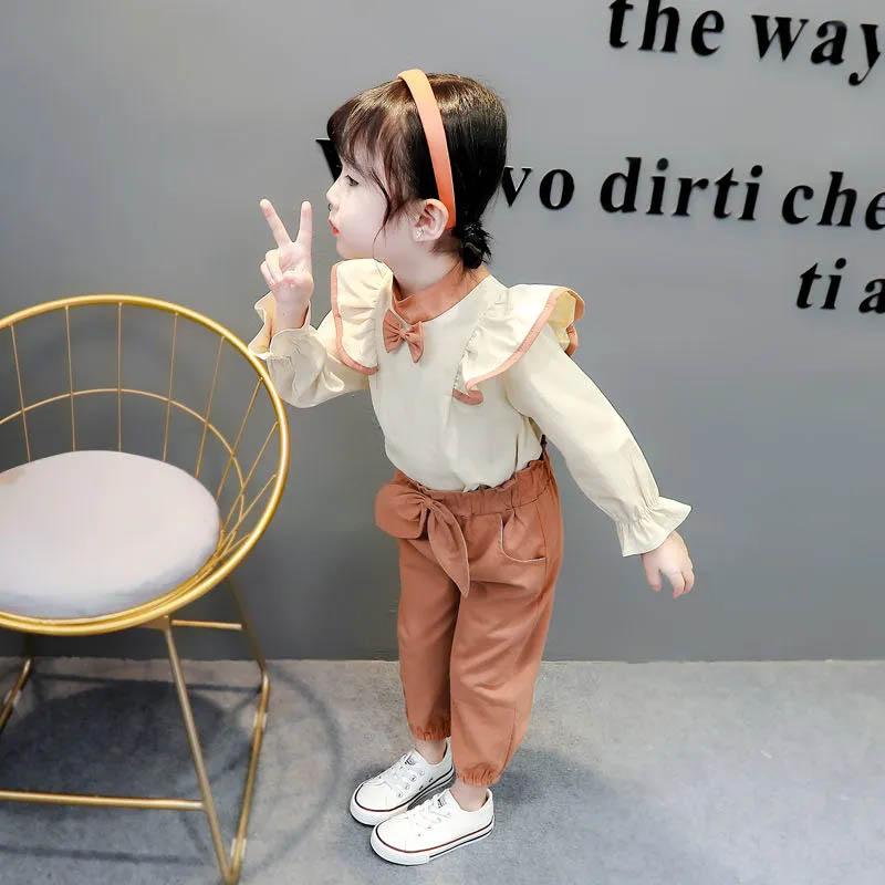 Children's Suits Girls Spring and Autumn Clothes Cute Bow Decoration Single-breasted Long-sleeved Comfortable Light and Breathable Two-piece Set