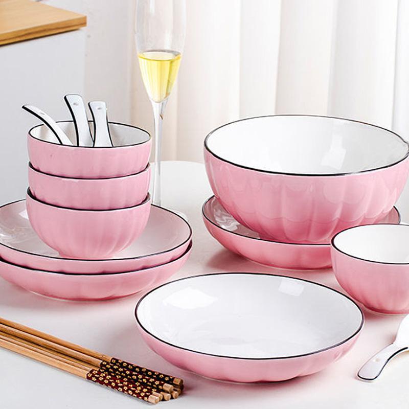 Set Creative Ceramic Bowl Plate Japanese Noodle Soup Bowl Eating Pumpkin Vegetable Plate Dish