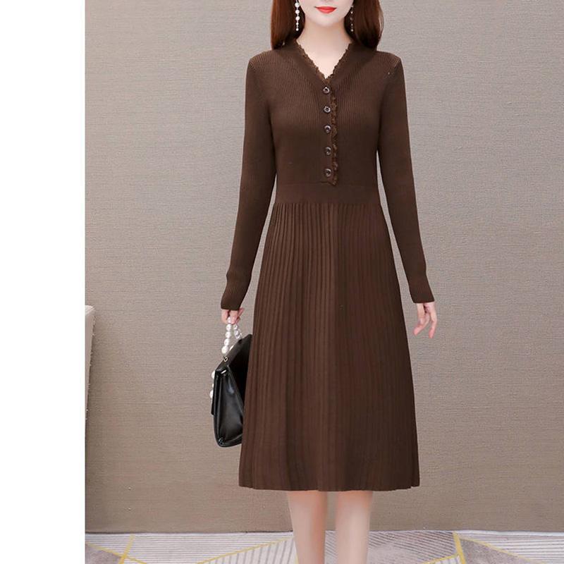 Thicken Warm Autumn and Winter Wool Waist Long-sleeved Bottoming Shirt Mid-length Knitted Dress Women