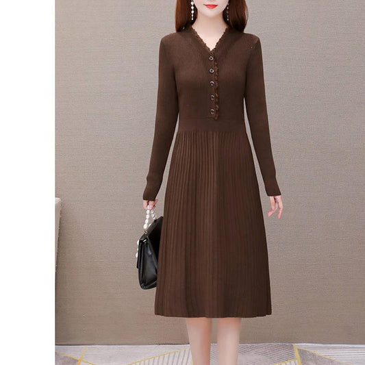 Thicken Warm Autumn and Winter Wool Waist Long-sleeved Bottoming Shirt Mid-length Knitted Dress Women