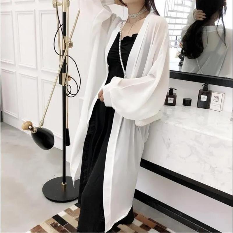 Long Thin Coat Women's Mid-length Chiffon Cardigan with Shawl Ultra-thin Coat Loose Shirt Summer Thin Sun Protection Coat