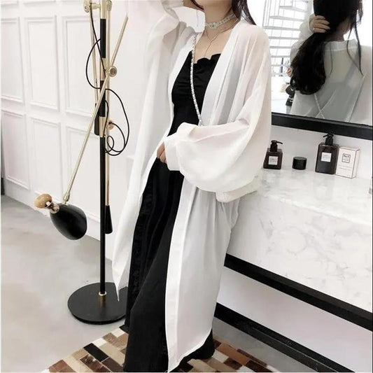 Long Thin Coat Women's Mid-length Chiffon Cardigan with Shawl Ultra-thin Coat Loose Shirt Summer Thin Sun Protection Coat