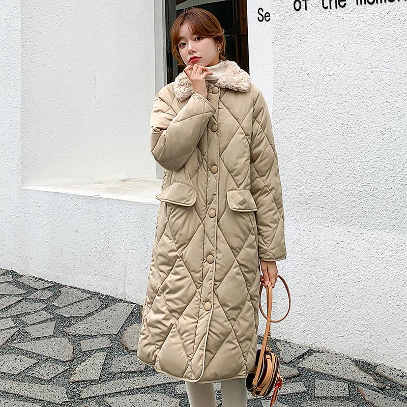 Lingge Lamb Fur Collar Cotton Jacket Women Winter Loose Mid-length Large Size Cotton Jacket Jacket Winter Thick Warmth Without Hood Cotton Jacket