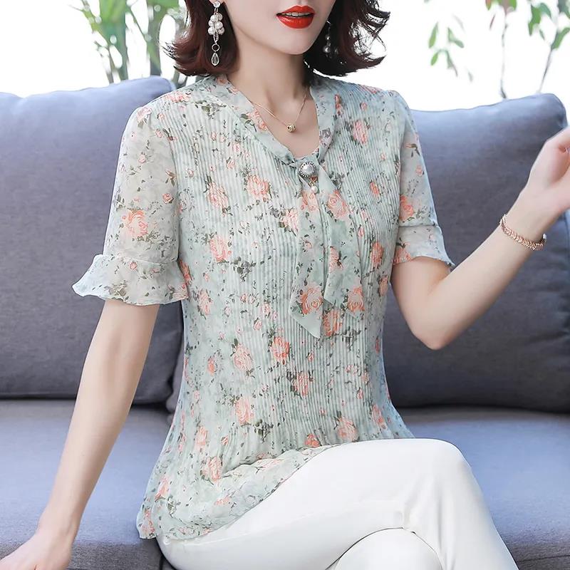Women's Summer Chiffon Short Sleeve Top V-Neck Large Floral Loose T-Shirt