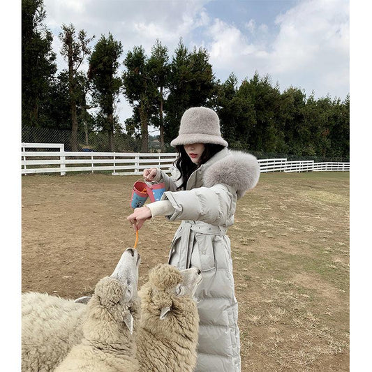 Korean Style White Duck Down Long Section Knee-waisted Real Fox Fur Big Fur Collar Down Jacket Women Trendy