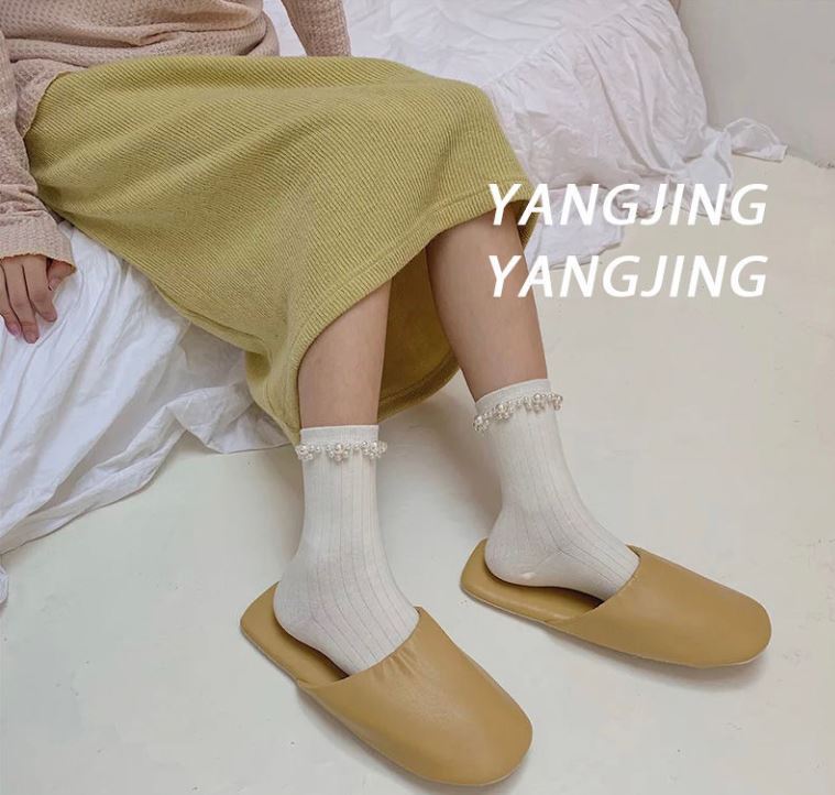 Two Pairs of Pearl Lace Jk Pure Cotton Women's Socks Solid Color Vertical Strip Cotton Socks