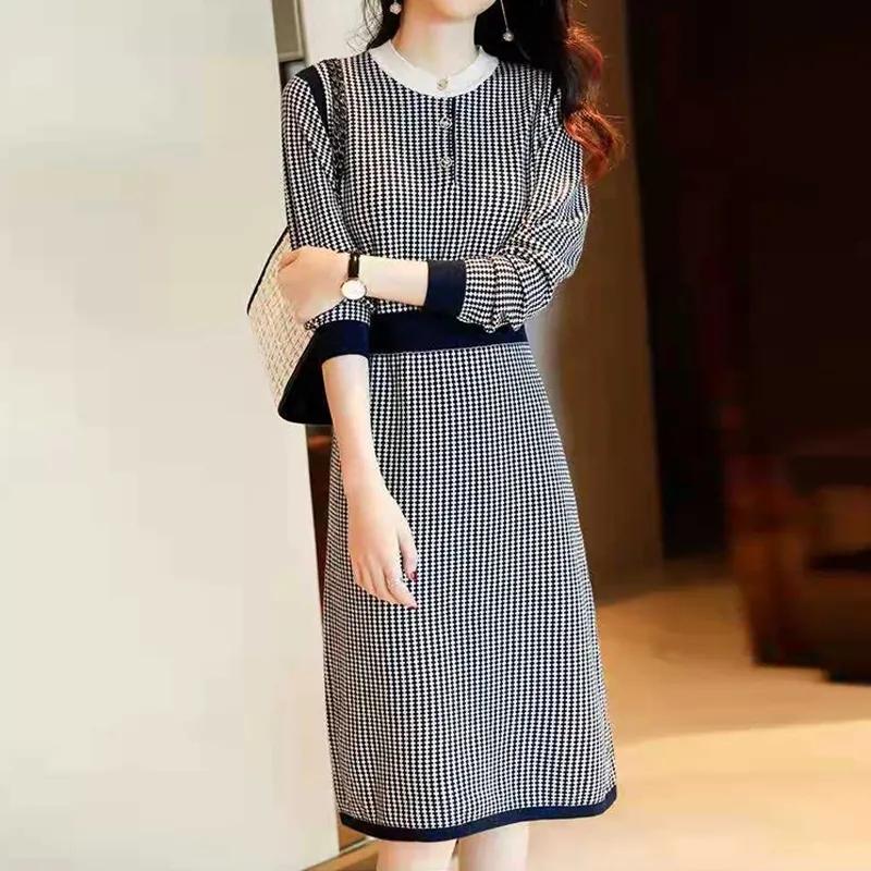Sweater Dress Women's Plaid Pullover Knit Dress Korean Waist Trending Sweater Dress Autumn and Winter Lady Style Fashion