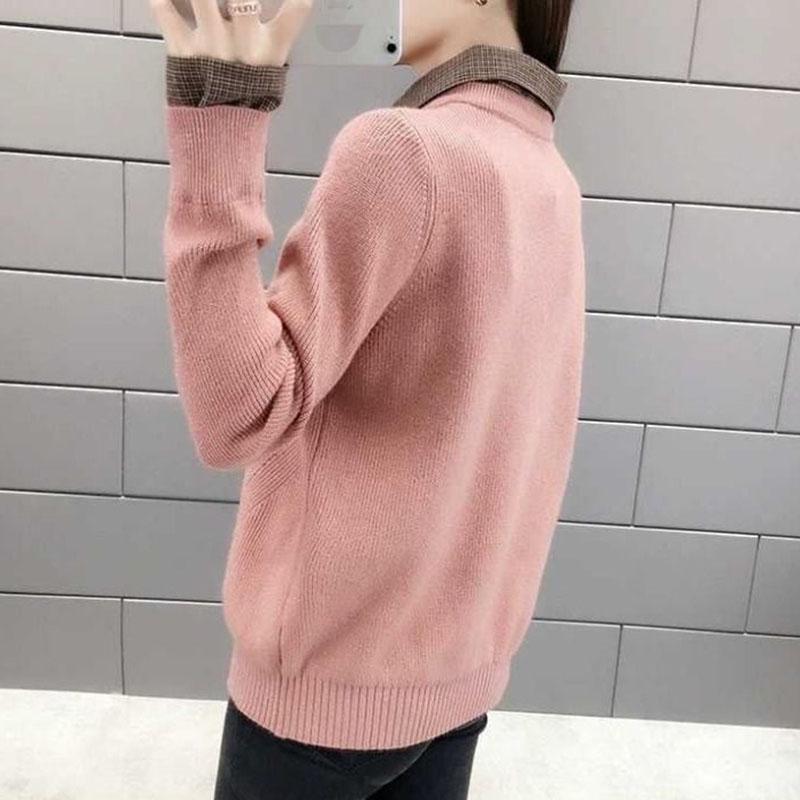 Autumn Winter knit Sweater Women Loose Pullover Sweater Korean Fake Two-piece Sweater Top for Student Office Ladies