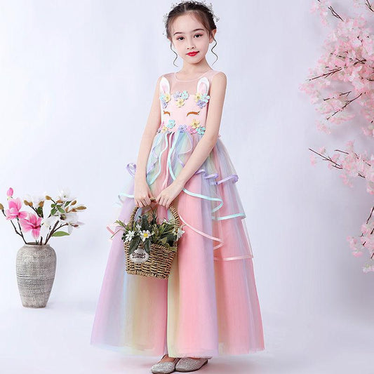 Kids Unicorn Dress for Girls Flower Appliques Ball Gown Little Girl Princess Dresses Elegant Party Costumes Children Clothing