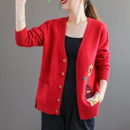 Spring and Autumn Literature and Art V-neck Jacket Jacquard Knit Cardigan Top Loose Single-breasted Women's Sweater