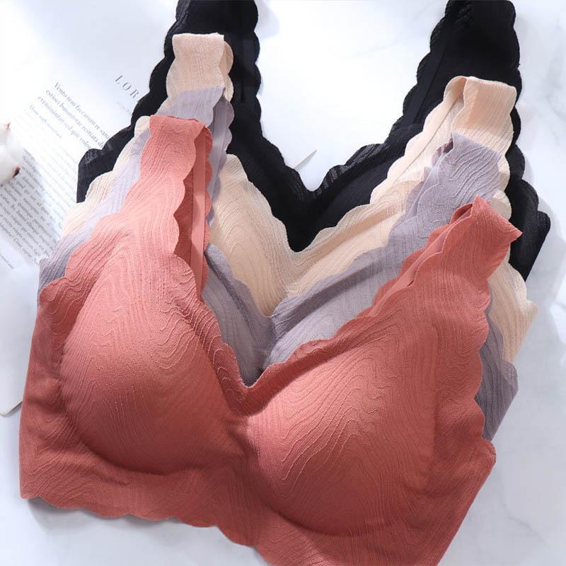 Female Plus Size Latex Underwear Tank Top Thick Mould Cup Fashion Jacquard No Steel Ring Top Side Gathering Lace Sports Sleeping Bra