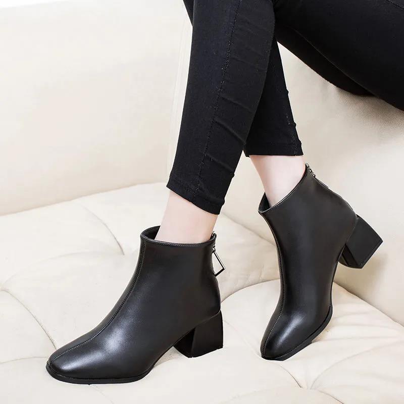 Women's Mid-heel Soft Leather Ankle Boots Chunky Heel Fashion Martin Boots All-match Plus Size Ladies Leather Boots