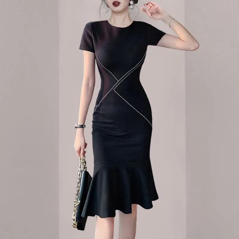 French Style Thin Elder Sister Light Cooked Style OL Temperament Fishtail Skirt Summer Female Lotus Leaf Bag Hip Dress