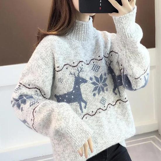 Women's Winter High Collar Elk Christmas Sweater Female Autumn Large Size Outdoor Loose Waterproof Knitted Pullover