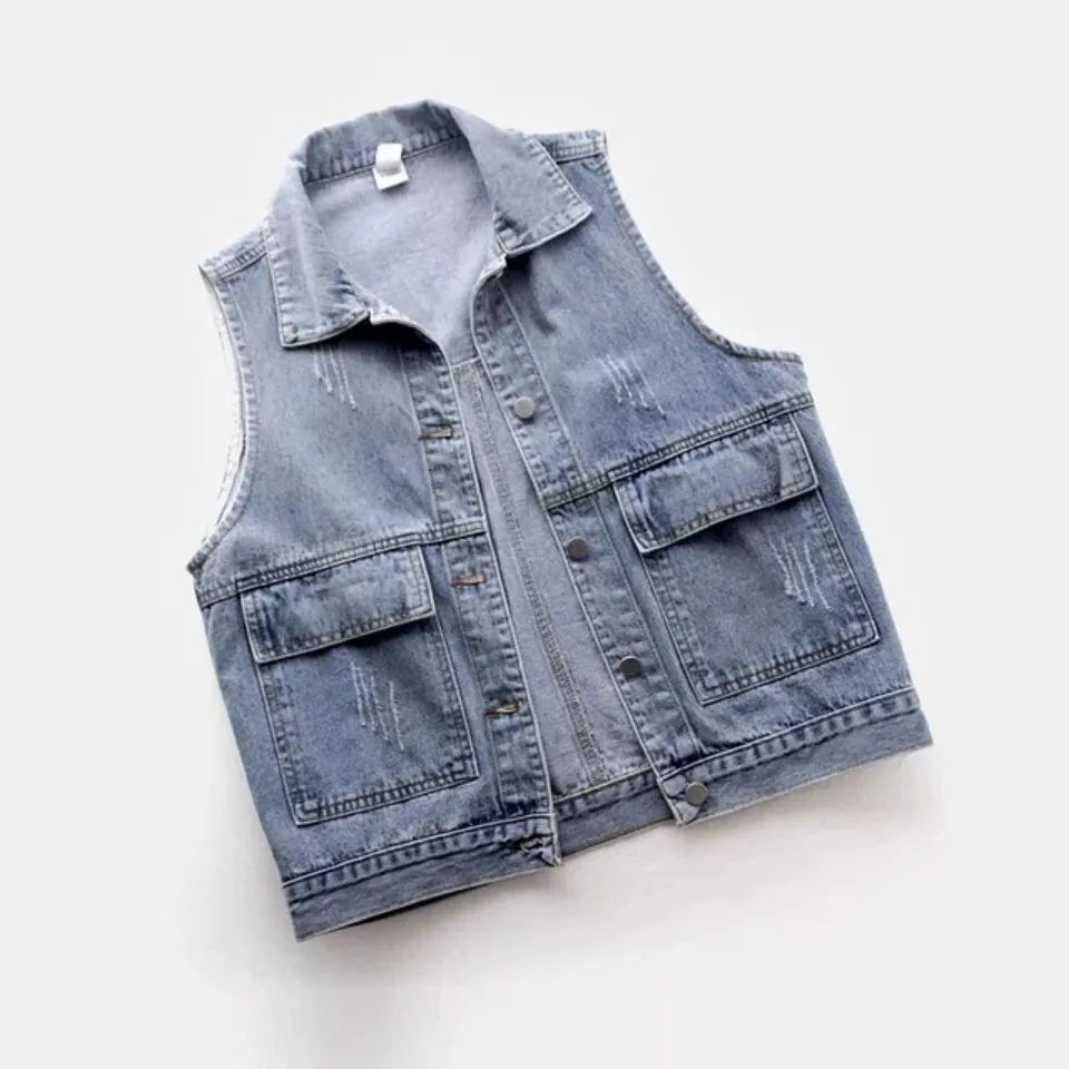 Denim Vest Women's Spring Summer Simple Large Pockets Sleeveless Vest Coat All-match Large Size Loose Top Button Denim Cardigan