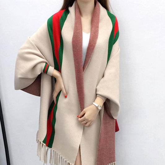 Thicken and Increase Cashmere Feel Long Tassel Shawl Knitted Cardigan Striped Sweater Coat Warm Wrap Women Spring and Autumn
