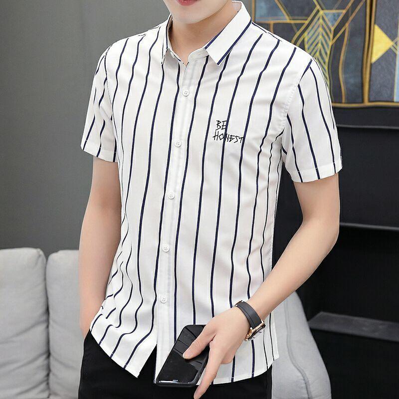 Men's Short-sleeved Shirts Summer Slim and Handsome Casual Shirts Youth Men's Half-sleeved Shirts Stripes