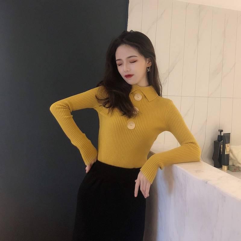 Pofulove Sweater Warm Winter Slim Fit Thin Thick Core Yarn Lapel Sweater Long Sleeve