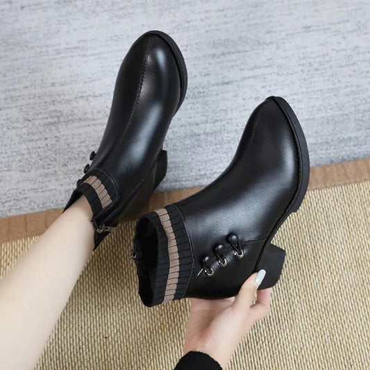 Female Martin Boots Short-tube Winter Plus Velvet Warmth Fashion All-match Mid-heel Cotton Shoes
