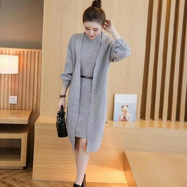 Autumn and Winter Knitted Top Long-sleeved Mid-length Sweater Solid Color Cardigan
