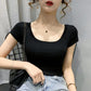 Women Summer U-neck Short Sleeve T-shirt Female Tight Bottoming Shirt Big Neckline Solid Color Low Neckline Close Fitting Tops