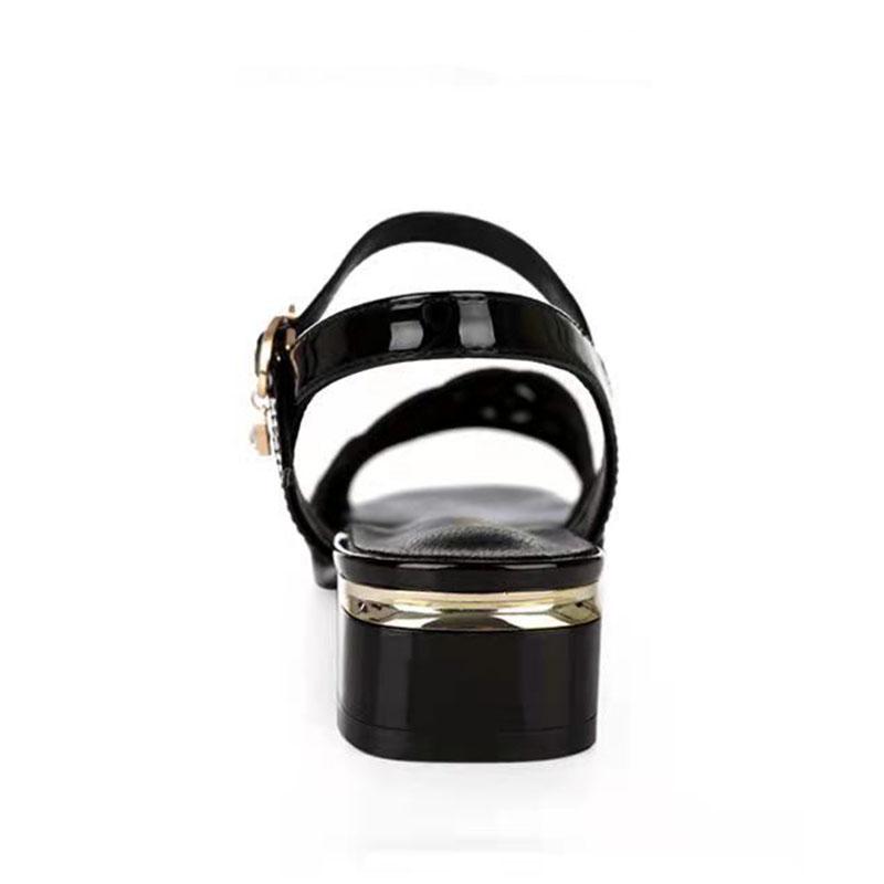 Summer Leather Ladies Sandals Fashion Middle-aged All-match Middle-heeled Fish Mouth Mother Sandals