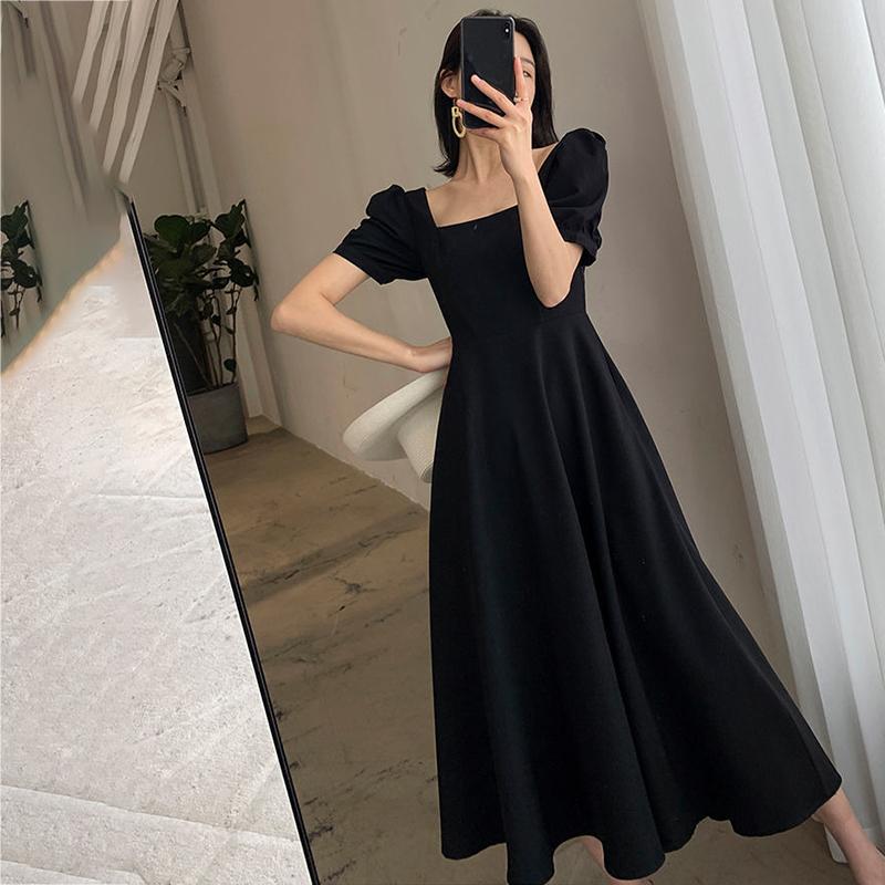 Sexy Black Woman Square Collar Puff Short Sleeves Mid-calf Dress Wedding Part