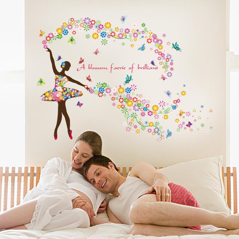 Romantic flower fairy living room sofa TV background wall romantic decorative wall sticker