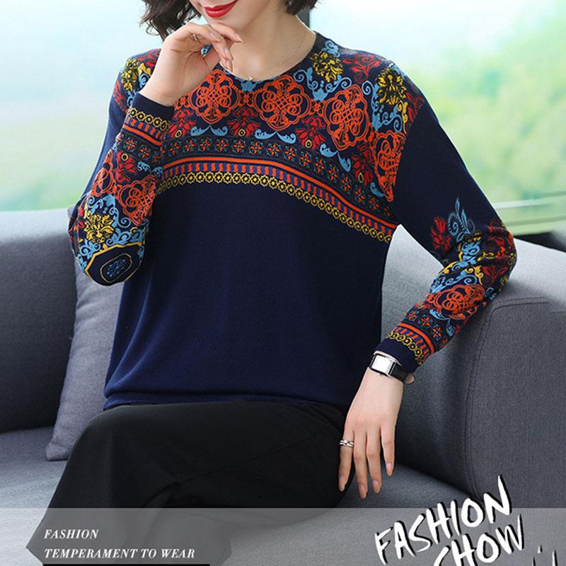 Plus Size Printed Sweater Women Autumn Winter Loose O-neck Long Sleeve Pullover Ladies Knit Jumper Top Warm Woolen Sweater