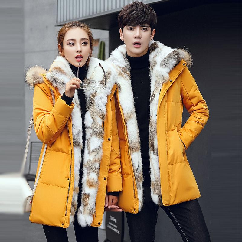 Fashion Big Fur Collar Couple Wear Down Jacket  Mid-length Plus Velvet Thickening Slim Plus Size Winter Jacket