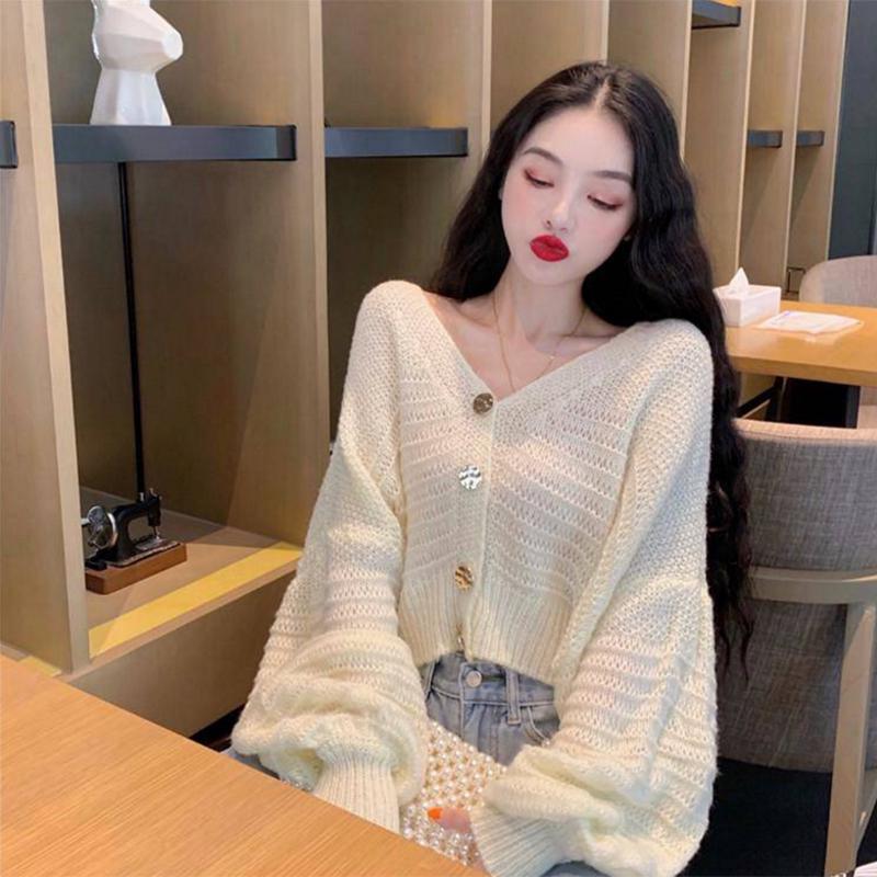 Pofulove lazy wind sweater female loose student wild long-sleeved cardigan hollow knitted jacket