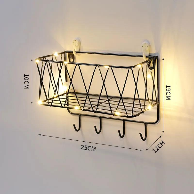 Home Storage Rack Metal Solid Wood Punch-free Storage Rack Waterproof Display Shelf with Light Strip
