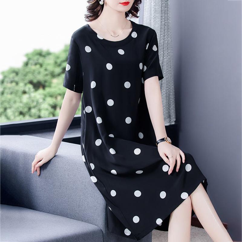 Polka Dot Dress Large Size Women's Short  Sleeve Round Neck Calf Length Daily Homewear