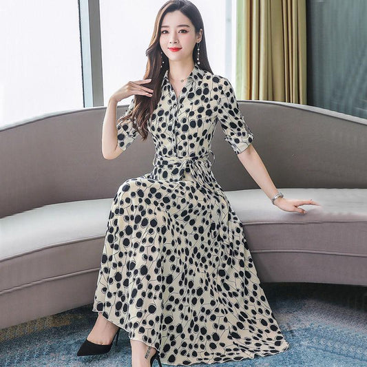 Big swing skirt long skirt spring and autumn women's floral chiffon long-sleeved dress long section