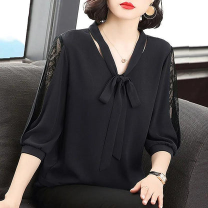 Women's Spring and Autumn Long-sleeved Chiffon Shirt Large Size Loose Solid Color Lace-up Top